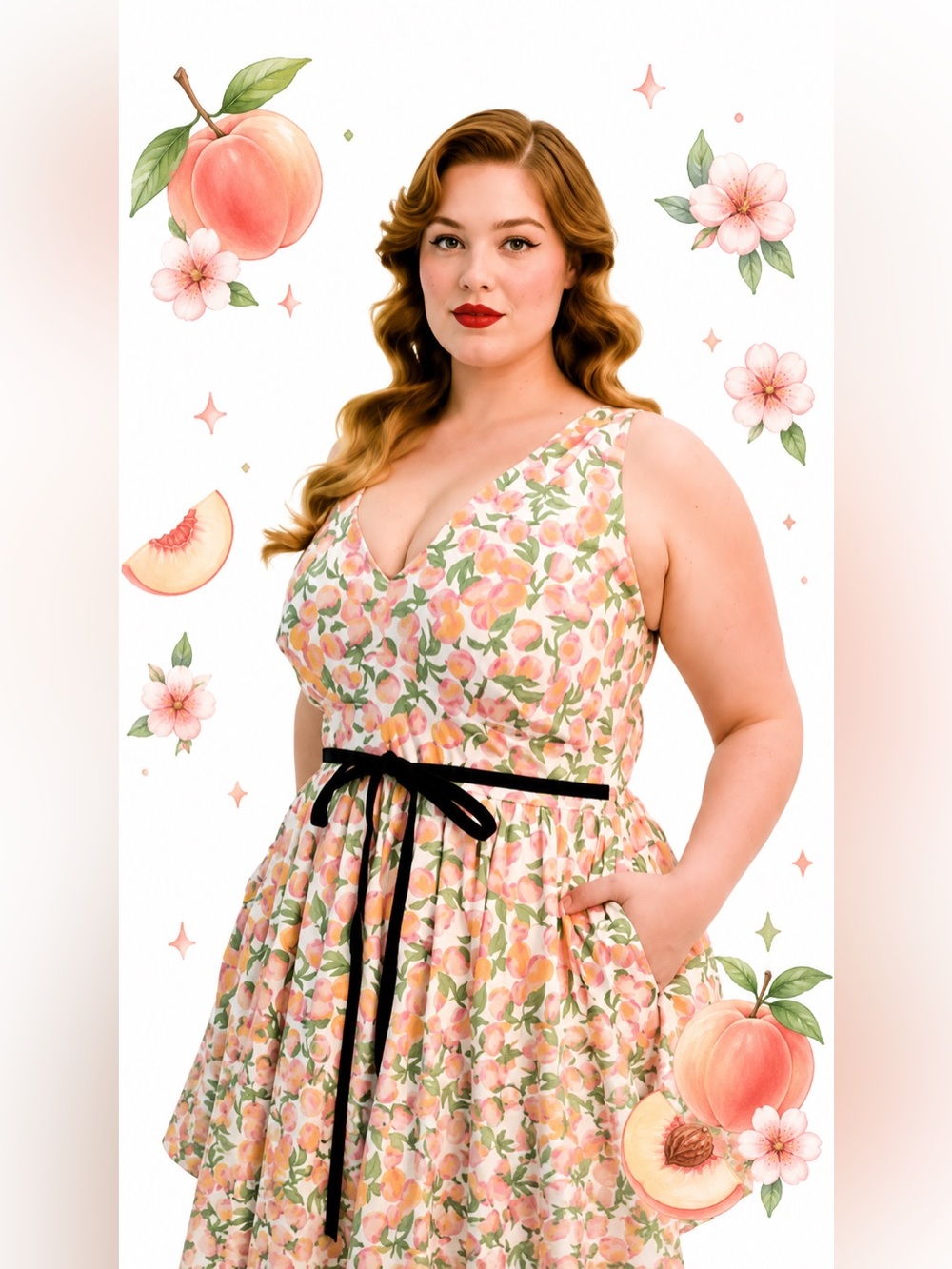 Torrid Retro Chic Pink & Orange Peaches Print Belted Swing Dress, Large, NWT! - Picture 9 of 16